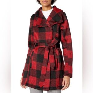 Madden Girl Women's Checkered Trench Coat in Red and Black